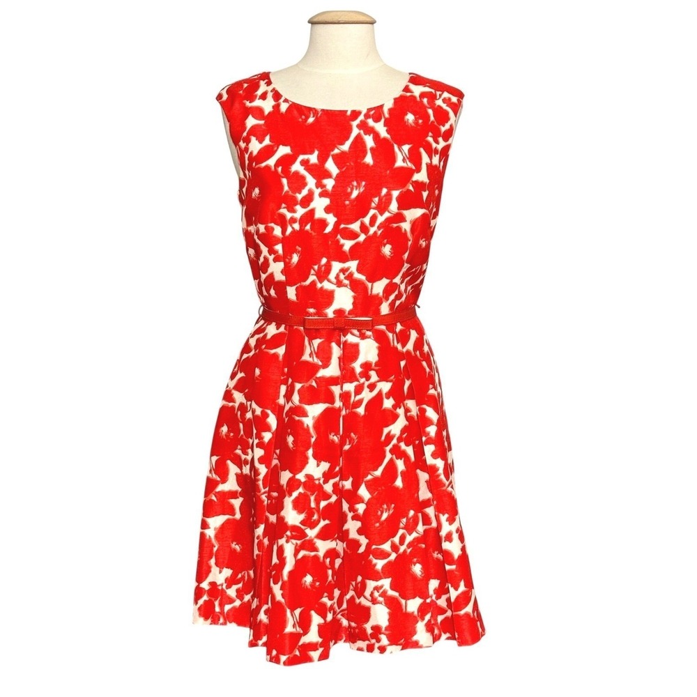 Danny Nicole Women Dress 12 Red Orange Floral Belted Fit Flare Retro Bold Preppy
